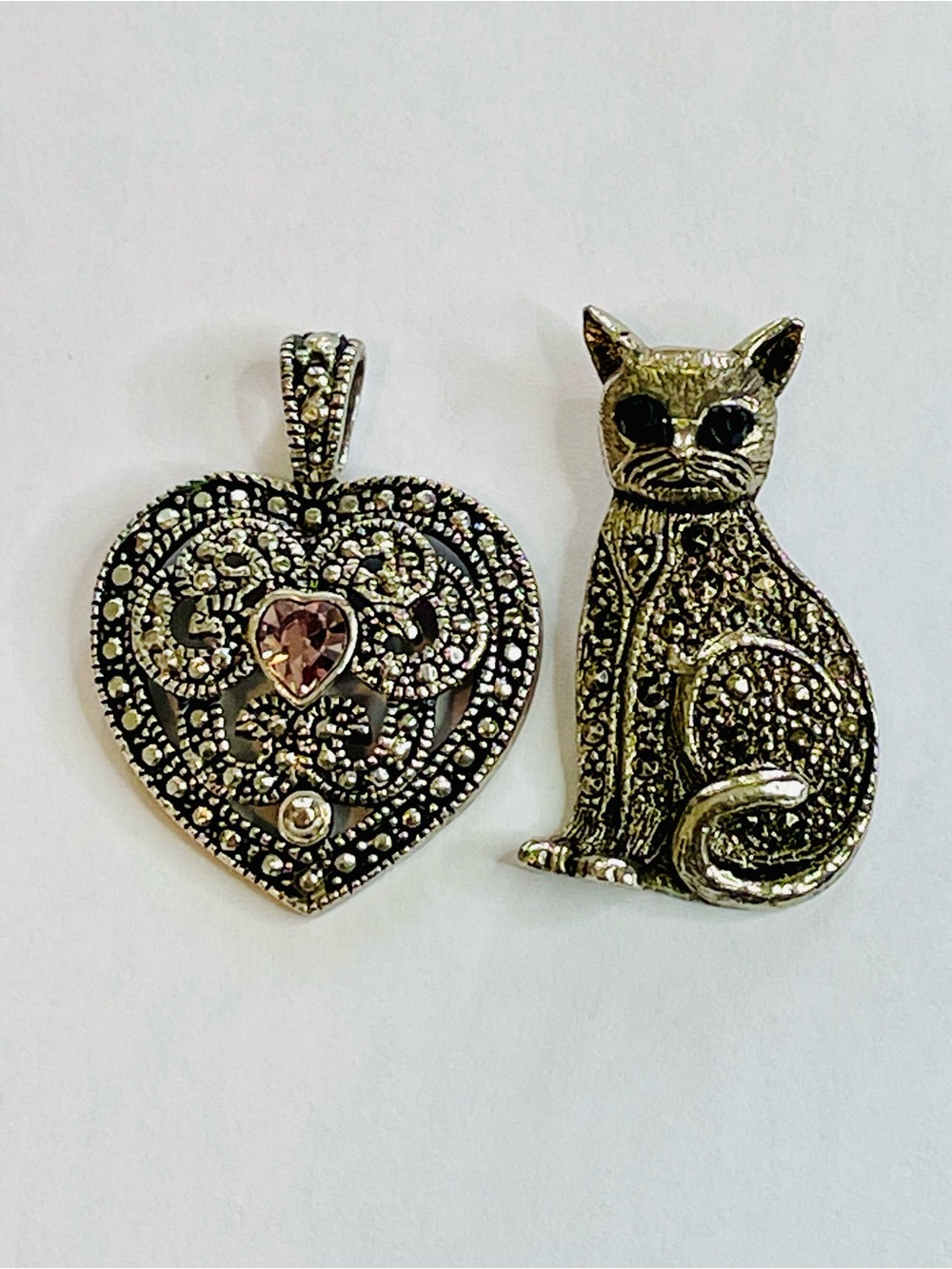 Vintage Marcasite Silver Cat plus Heart w/ pink Gem Marcasite pendant Necklaces